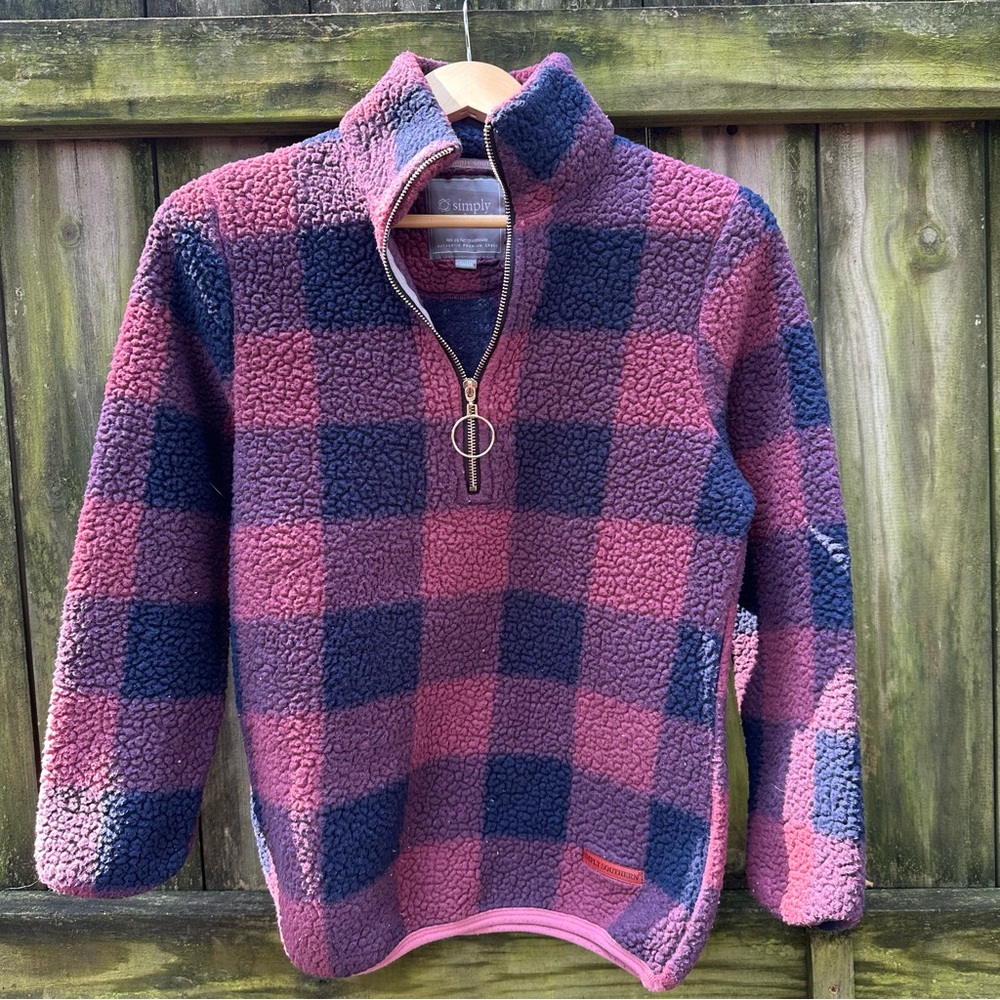 Simply Southern Women's Navy Pink Plaid Sherpa Pullover Size S Small